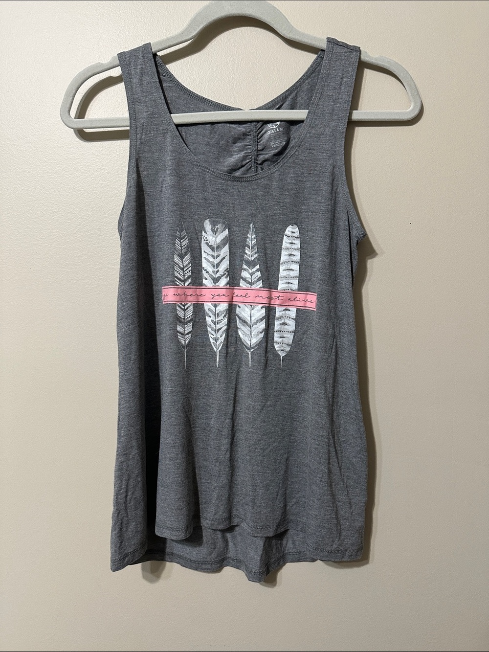 Gaiam Gray Feather Graphic Tank Top with Pink Accent - Women's Casual Scoop Neck